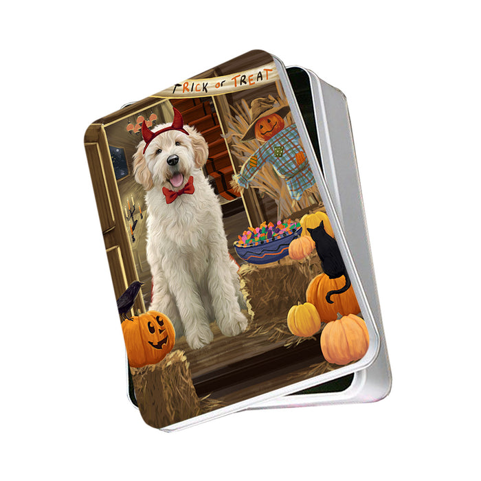 Enter at Own Risk Trick or Treat Halloween Goldendoodle Dog Photo Storage Tin PITN53137