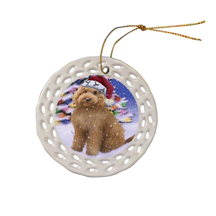 Winterland Wonderland Goldendoodle Dog In Christmas Holiday Scenic Background Ceramic Doily Ornament DPOR53754