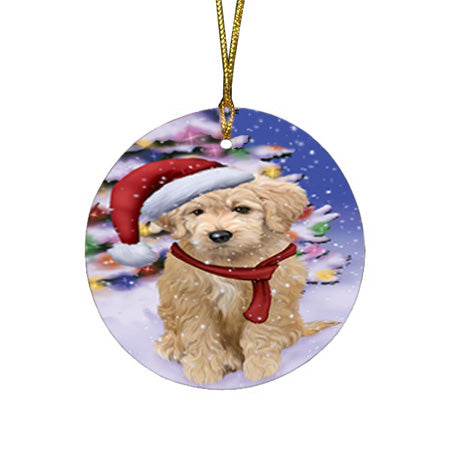 Winterland Wonderland Goldendoodle Dog In Christmas Holiday Scenic Background Round Flat Christmas Ornament RFPOR53746