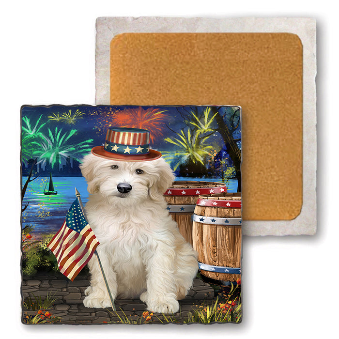 4th of July Independence Day Firework Goldendoodle Dog Set of 4 Natural Stone Marble Tile Coasters MCST49051