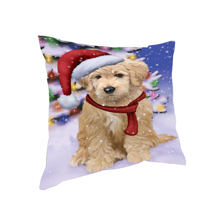 Winterland Wonderland Goldendoodle Dog In Christmas Holiday Scenic Background Pillow PIL71644
