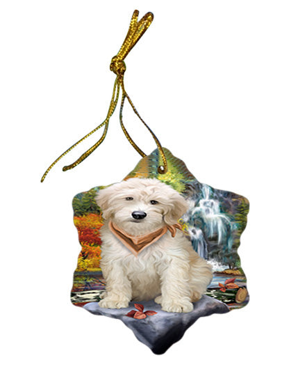 Scenic Waterfall Goldendoodle Dog Star Porcelain Ornament SPOR51885
