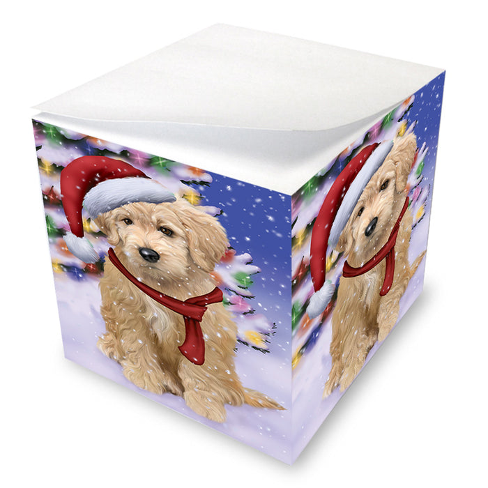Winterland Wonderland Goldendoodle Dog In Christmas Holiday Scenic Background Note Cube NOC55401