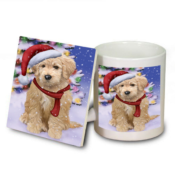Winterland Wonderland Goldendoodle Dog In Christmas Holiday Scenic Background Mug and Coaster Set MUC53747