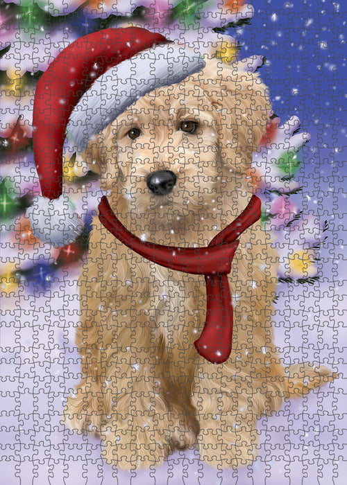 Winterland Wonderland Goldendoodle Dog In Christmas Holiday Scenic Background Puzzle with Photo Tin PUZL82176
