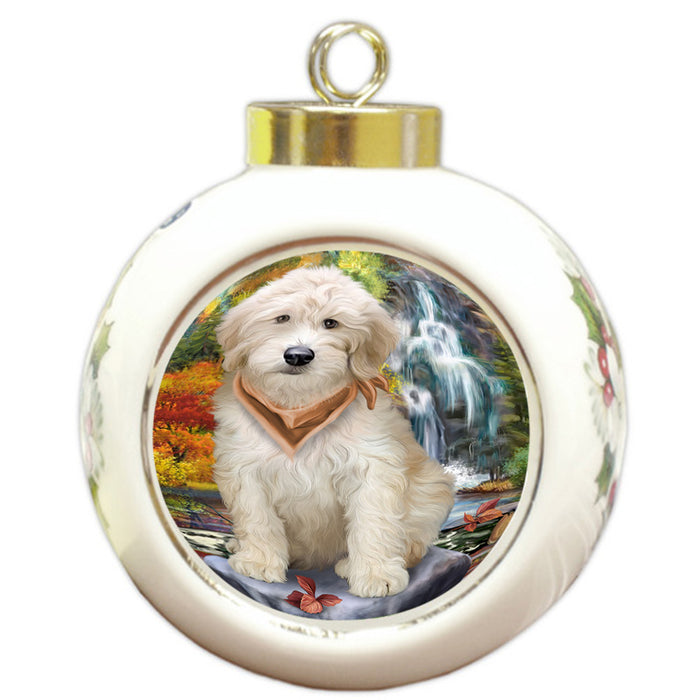 Scenic Waterfall Goldendoodle Dog Round Ball Christmas Ornament RBPOR51894
