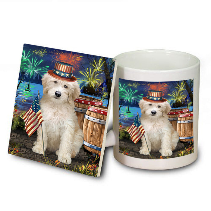 4th of July Independence Day Firework Goldendoodle Dog Mug and Coaster Set MUC54043