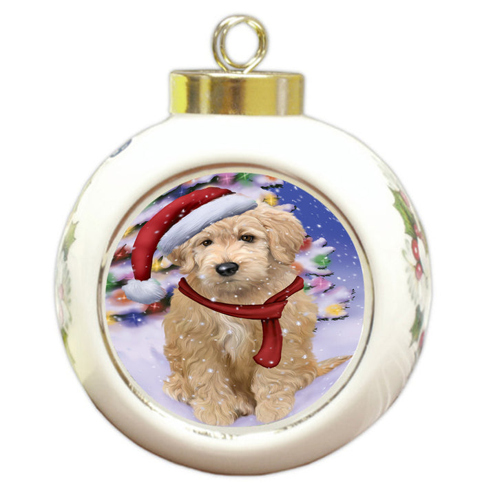 Winterland Wonderland Goldendoodle Dog In Christmas Holiday Scenic Background Round Ball Christmas Ornament RBPOR53755