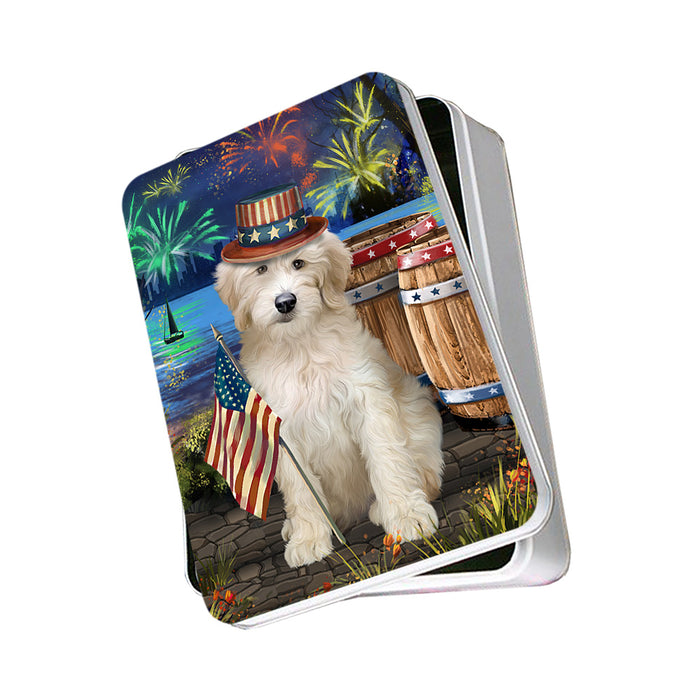 4th of July Independence Day Fireworks Goldendoodle Dog at the Lake Photo Storage Tin PITN51157