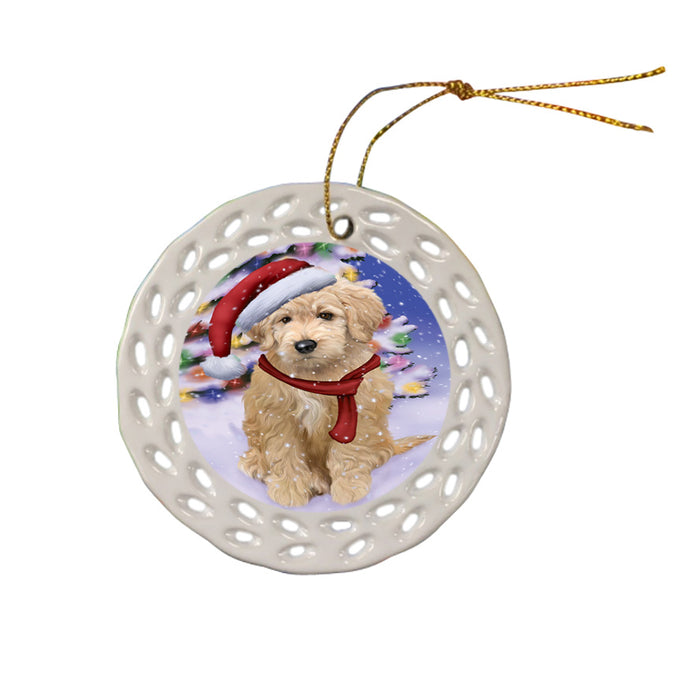 Winterland Wonderland Goldendoodle Dog In Christmas Holiday Scenic Background Ceramic Doily Ornament DPOR53755