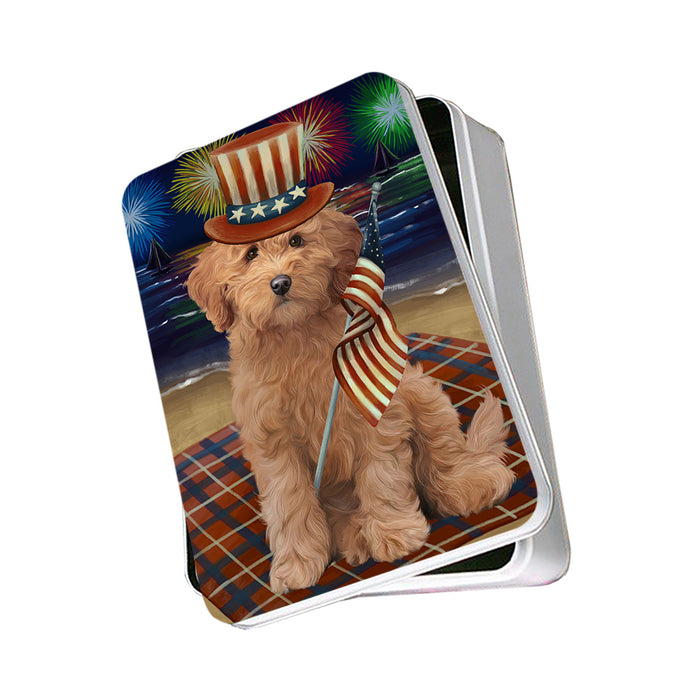 4th of July Independence Day Firework Goldendoodle Dog Photo Storage Tin PITN52095