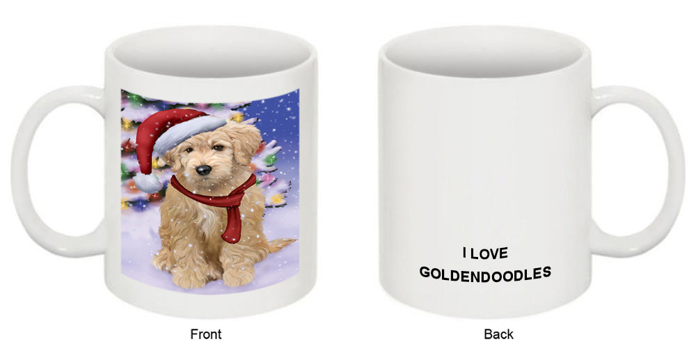 Winterland Wonderland Goldendoodle Dog In Christmas Holiday Scenic Background Coffee Mug MUG49153
