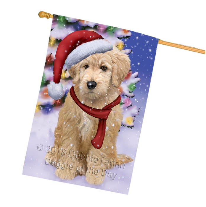 Winterland Wonderland Goldendoodle Dog In Christmas Holiday Scenic Background House Flag FLG53953