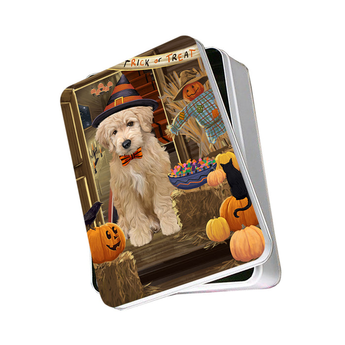 Enter at Own Risk Trick or Treat Halloween Goldendoodle Dog Photo Storage Tin PITN53138