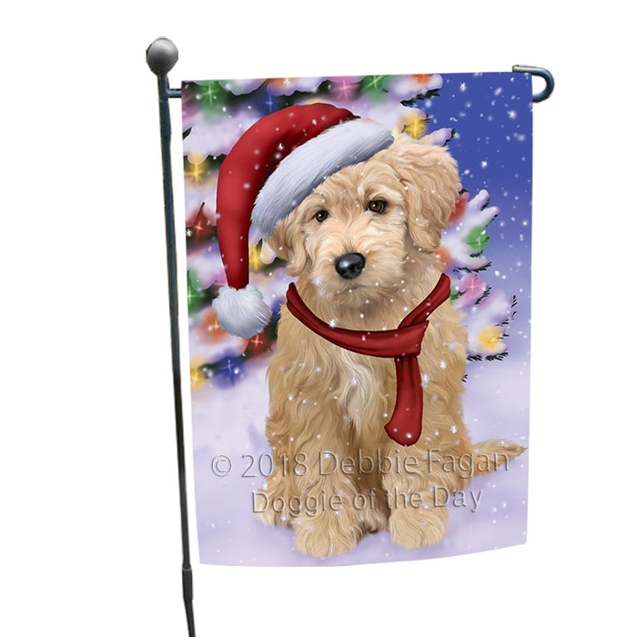 Winterland Wonderland Goldendoodle Dog In Christmas Holiday Scenic Background Garden Flag GFLG53817