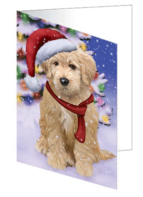 Winterland Wonderland Goldendoodle Dog In Christmas Holiday Scenic Background Handmade Artwork Assorted Pets Greeting Cards and Note Cards with Envelopes for All Occasions and Holiday Seasons GCD65294