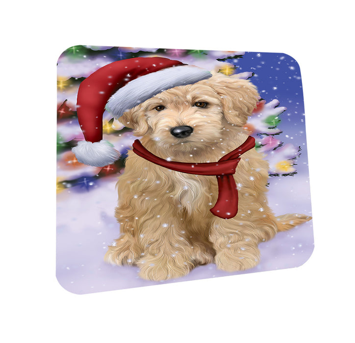 Winterland Wonderland Goldendoodle Dog In Christmas Holiday Scenic Background Coasters Set of 4 CST53713