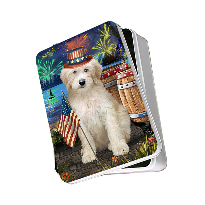4th of July Independence Day Firework Goldendoodle Dog Photo Storage Tin PITN53994