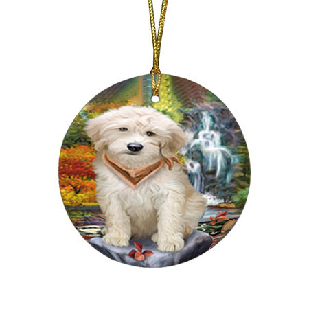 Scenic Waterfall Goldendoodle Dog Round Flat Christmas Ornament RFPOR51885