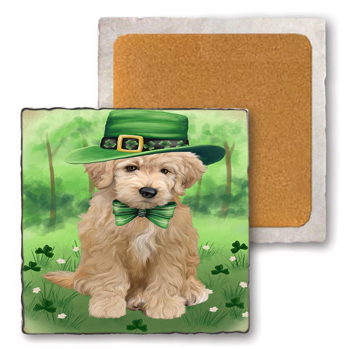 St. Patricks Day Irish Portrait Goldendoodle Dog Set of 4 Natural Stone Marble Tile Coasters MCST52007