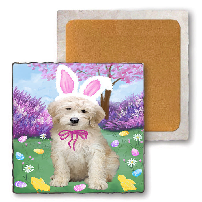 Easter Holiday Goldendoodle Dog Set of 4 Natural Stone Marble Tile Coasters MCST51903