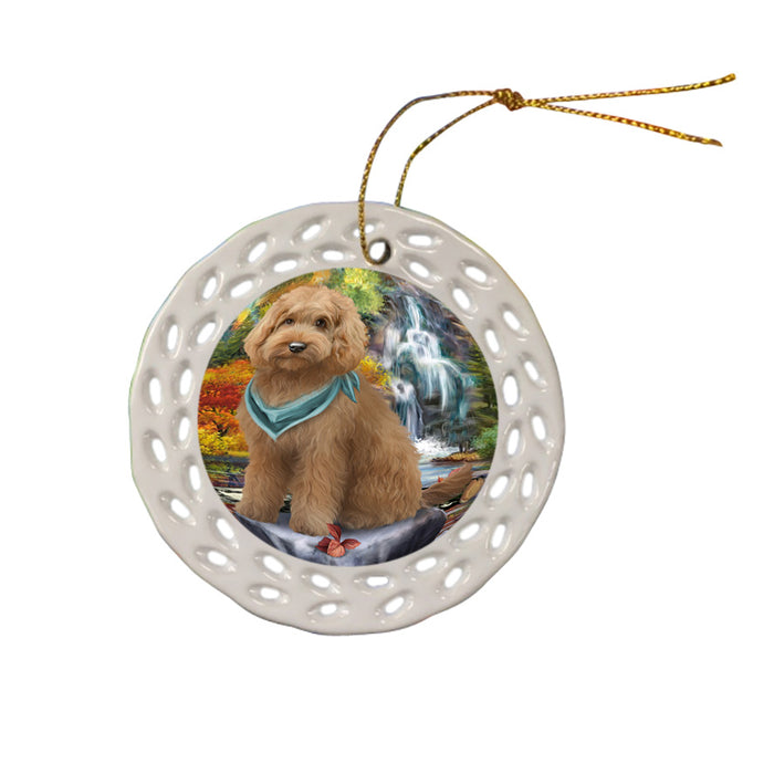Scenic Waterfall Goldendoodle Dog Ceramic Doily Ornament DPOR51895