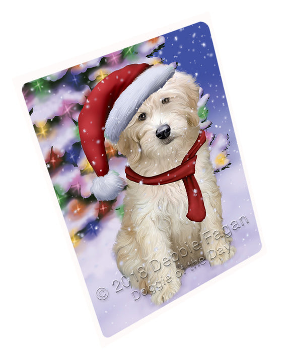 Winterland Wonderland Goldendoodle Dog In Christmas Holiday Scenic Background Cutting Board C65712