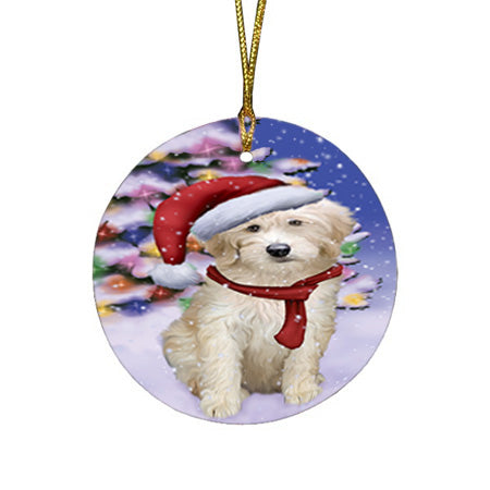 Winterland Wonderland Goldendoodle Dog In Christmas Holiday Scenic Background Round Flat Christmas Ornament RFPOR53747