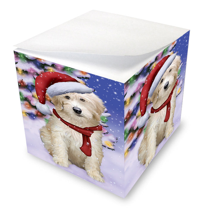Winterland Wonderland Goldendoodle Dog In Christmas Holiday Scenic Background Note Cube NOC55402