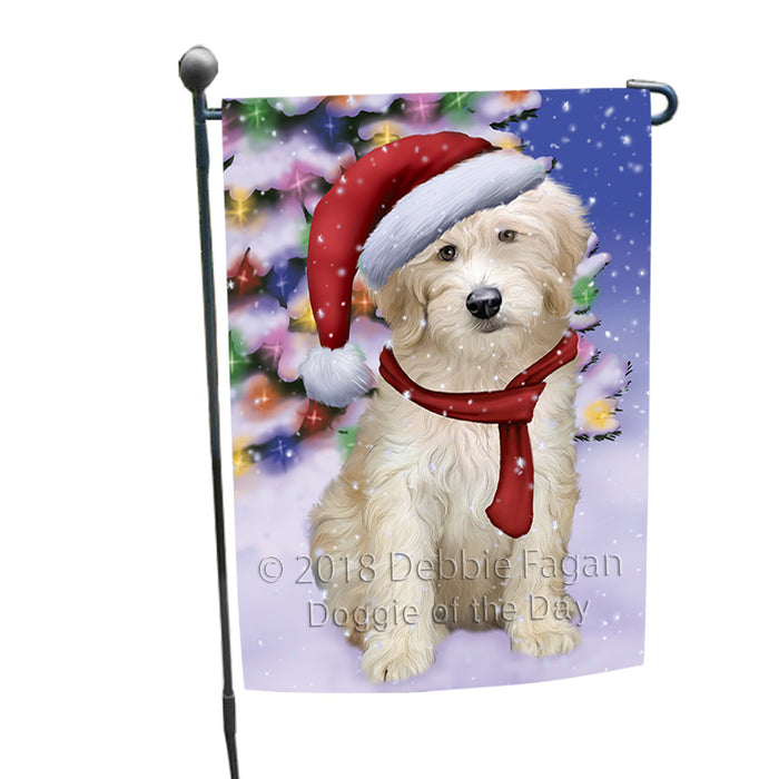 Winterland Wonderland Goldendoodle Dog In Christmas Holiday Scenic Background Garden Flag GFLG53818