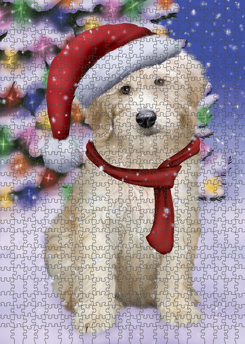 Winterland Wonderland Goldendoodle Dog In Christmas Holiday Scenic Background Puzzle with Photo Tin PUZL82180