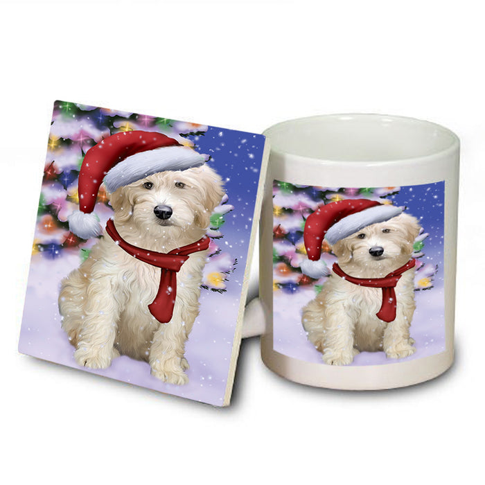 Winterland Wonderland Goldendoodle Dog In Christmas Holiday Scenic Background Mug and Coaster Set MUC53748