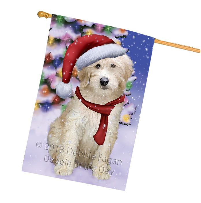 Winterland Wonderland Goldendoodle Dog In Christmas Holiday Scenic Background House Flag FLG53954