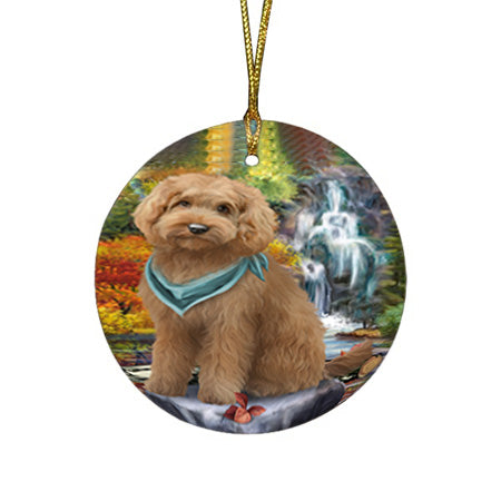 Scenic Waterfall Goldendoodle Dog Round Flat Christmas Ornament RFPOR51886
