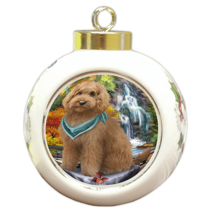 Scenic Waterfall Goldendoodle Dog Round Ball Christmas Ornament RBPOR51895