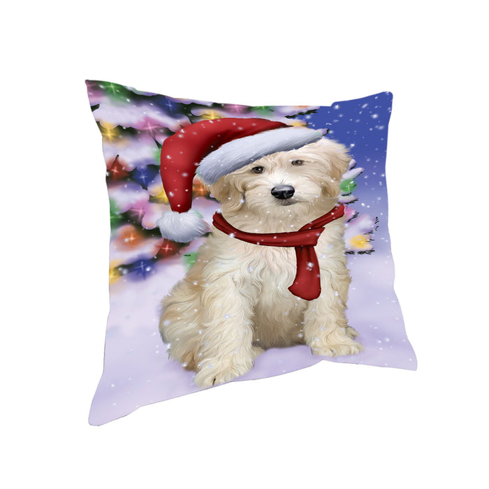 Winterland Wonderland Goldendoodle Dog In Christmas Holiday Scenic Background Pillow PIL71648