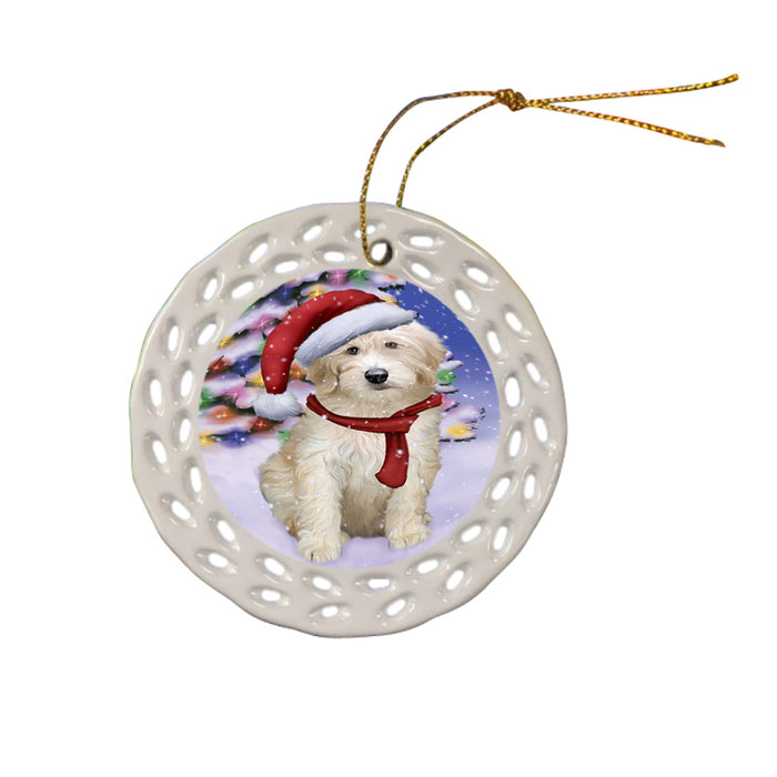 Winterland Wonderland Goldendoodle Dog In Christmas Holiday Scenic Background Ceramic Doily Ornament DPOR53756