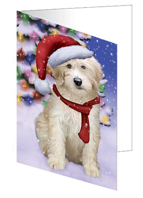 Winterland Wonderland Goldendoodle Dog In Christmas Holiday Scenic Background Handmade Artwork Assorted Pets Greeting Cards and Note Cards with Envelopes for All Occasions and Holiday Seasons GCD65297