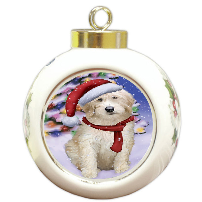 Winterland Wonderland Goldendoodle Dog In Christmas Holiday Scenic Background Round Ball Christmas Ornament RBPOR53756