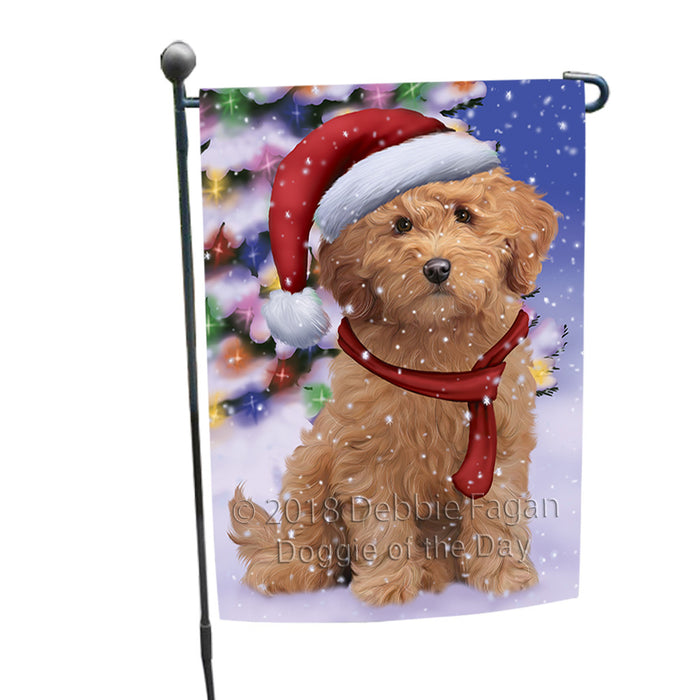 Winterland Wonderland Goldendoodle Dog In Christmas Holiday Scenic Background Garden Flag GFLG53819