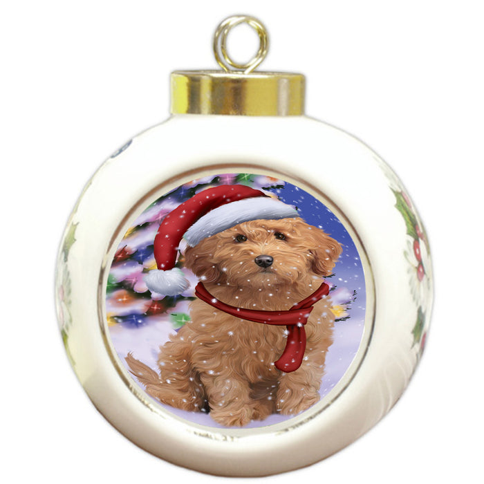 Winterland Wonderland Goldendoodle Dog In Christmas Holiday Scenic Background Round Ball Christmas Ornament RBPOR53757