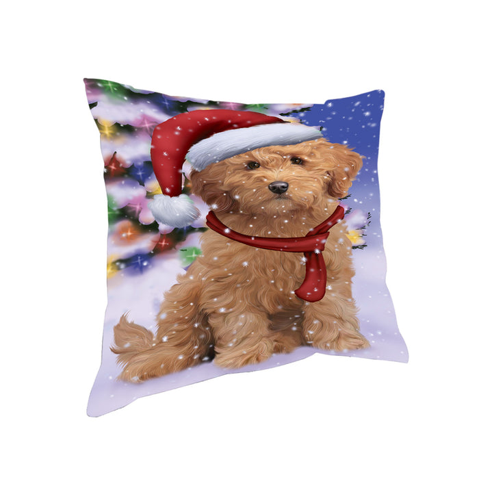 Winterland Wonderland Goldendoodle Dog In Christmas Holiday Scenic Background Pillow PIL71652