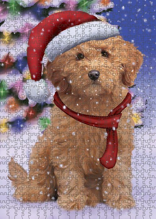 Winterland Wonderland Goldendoodle Dog In Christmas Holiday Scenic Background Puzzle with Photo Tin PUZL82184