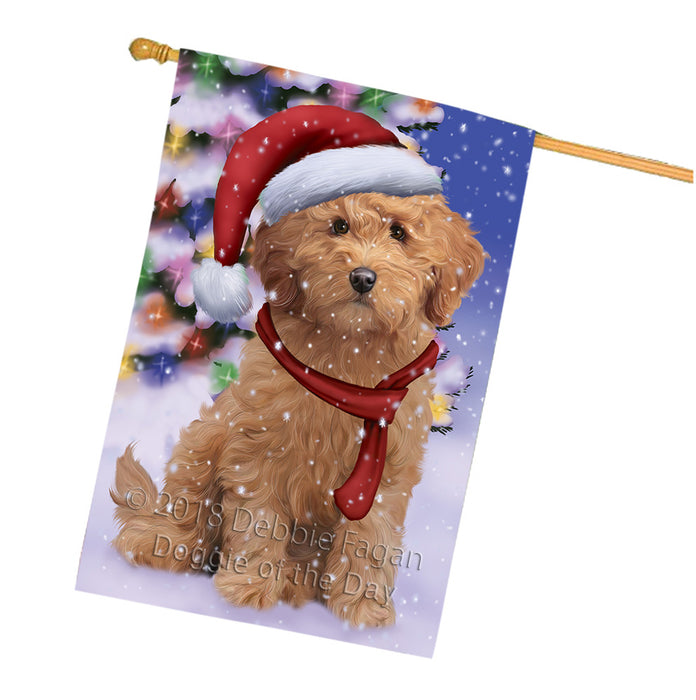 Winterland Wonderland Goldendoodle Dog In Christmas Holiday Scenic Background House Flag FLG53955