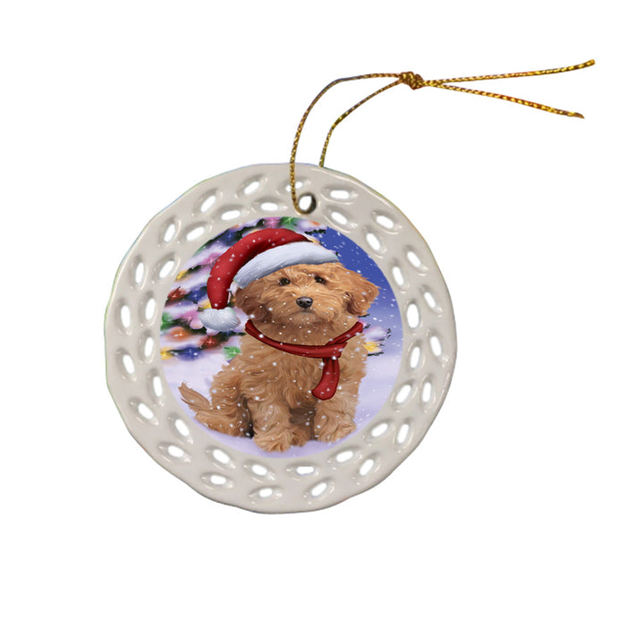 Winterland Wonderland Goldendoodle Dog In Christmas Holiday Scenic Background Ceramic Doily Ornament DPOR53757