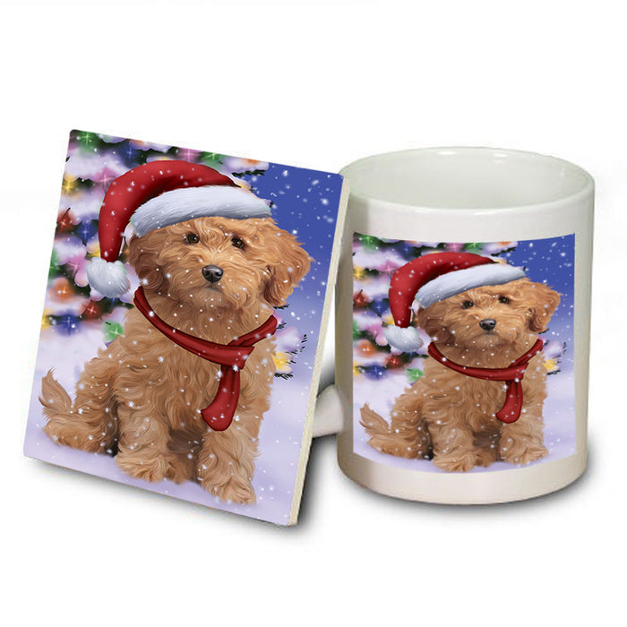 Winterland Wonderland Goldendoodle Dog In Christmas Holiday Scenic Background Mug and Coaster Set MUC53749