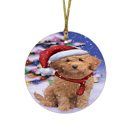 Winterland Wonderland Goldendoodle Dog In Christmas Holiday Scenic Background Round Flat Christmas Ornament RFPOR53748