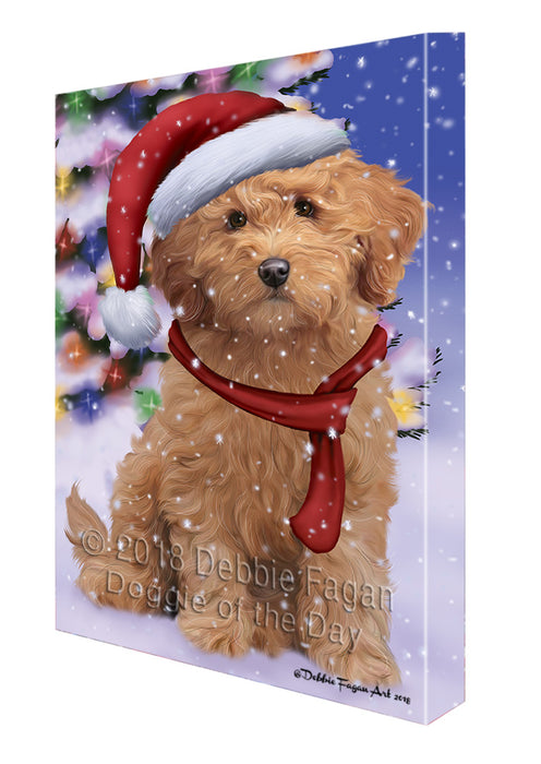 Winterland Wonderland Goldendoodle Dog In Christmas Holiday Scenic Background Canvas Print Wall Art Décor CVS101663