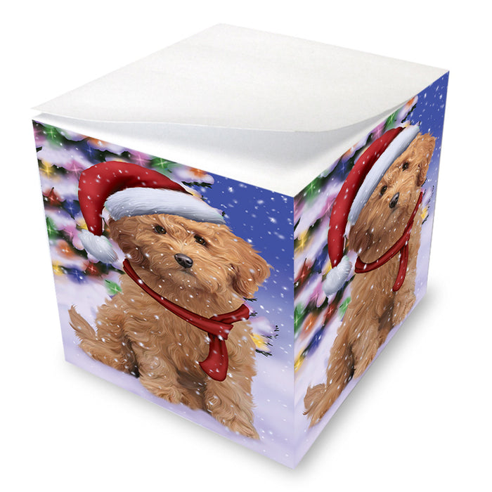 Winterland Wonderland Goldendoodle Dog In Christmas Holiday Scenic Background Note Cube NOC55403