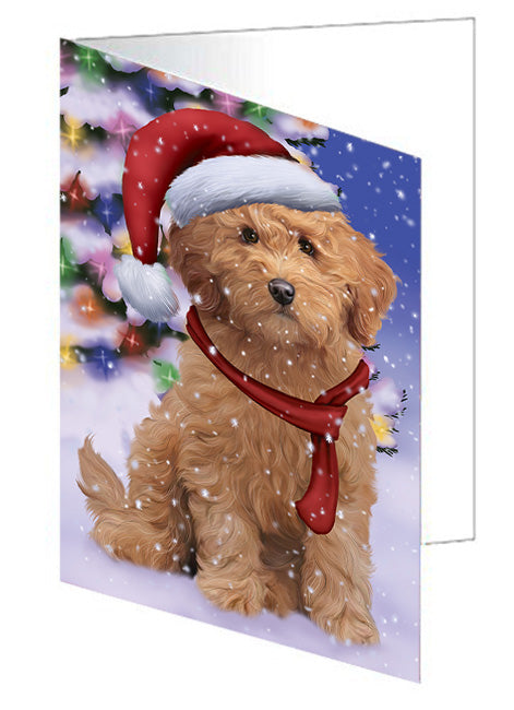 Winterland Wonderland Goldendoodle Dog In Christmas Holiday Scenic Background Handmade Artwork Assorted Pets Greeting Cards and Note Cards with Envelopes for All Occasions and Holiday Seasons GCD65300